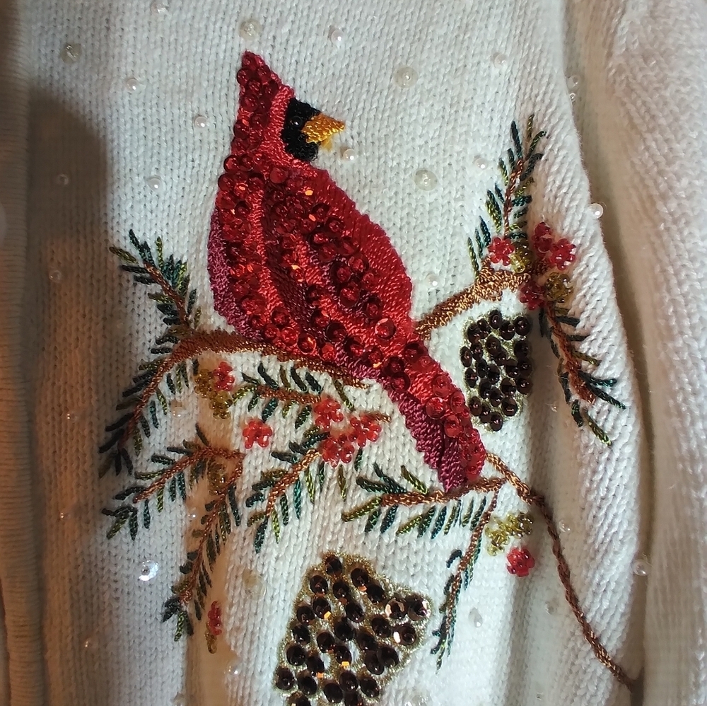 Heirloom Collection Embroidered Cardinal Sequins Zip-Up Sweater Size PL Outdoors - Picture 7 of 8